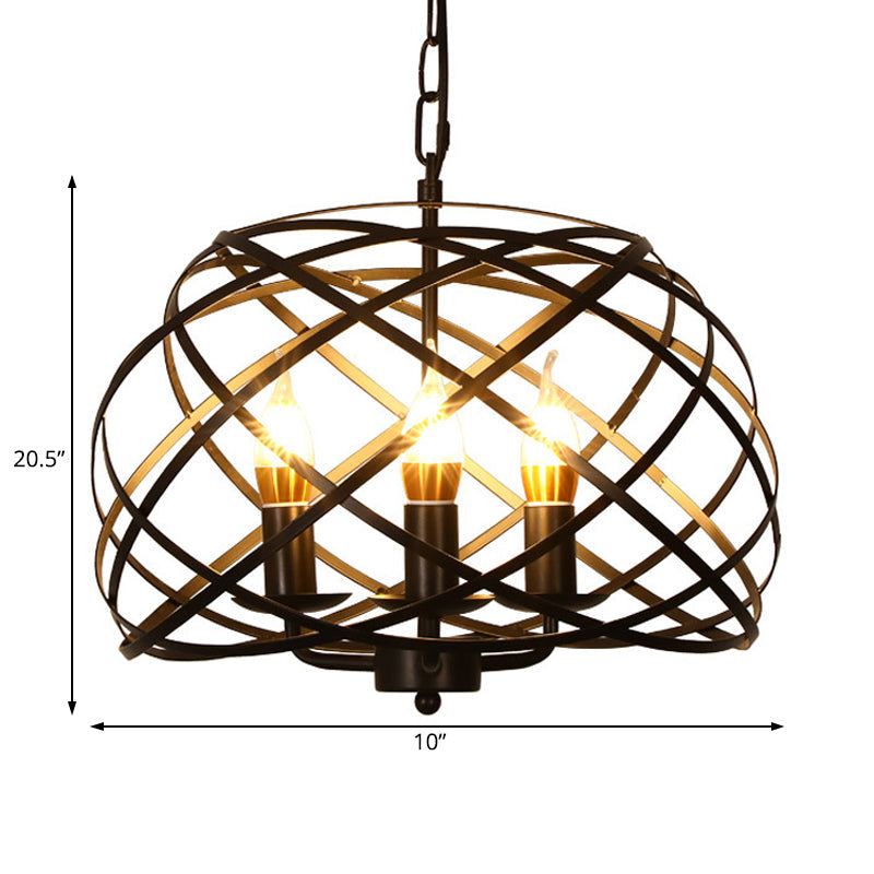 Black Metal Caged Chandelier Pendant Lamp - 3-Light Fixture For Dining Room