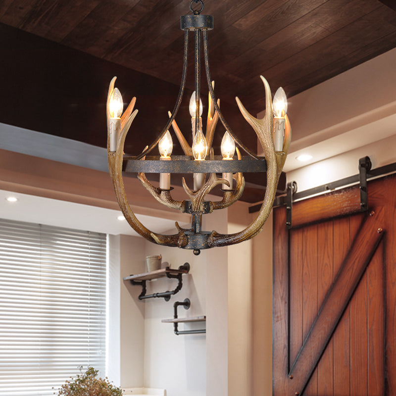 Rustic Wheel Resin Pendant Chandelier With Elk Deco - 6/9 Lights Brown Perfect For Dining Room