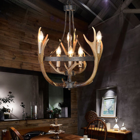 Rustic Wheel Resin Pendant Chandelier With Elk Deco - 6/9 Lights Brown Perfect For Dining Room