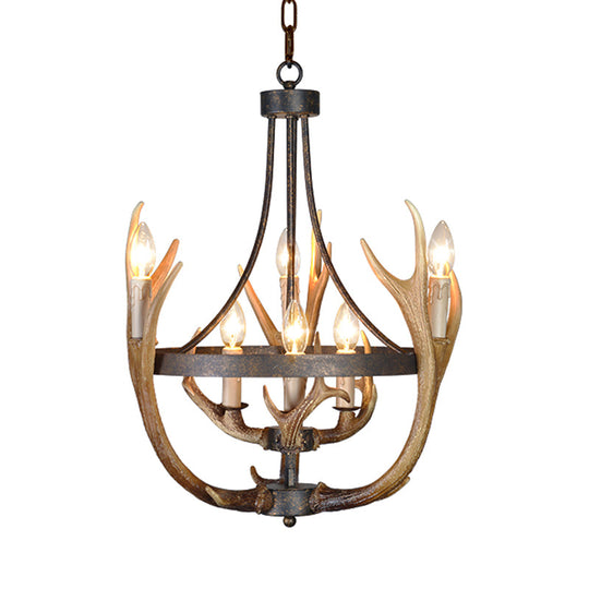 Rustic Wheel Resin Pendant Chandelier With Elk Deco - 6/9 Lights Brown Perfect For Dining Room