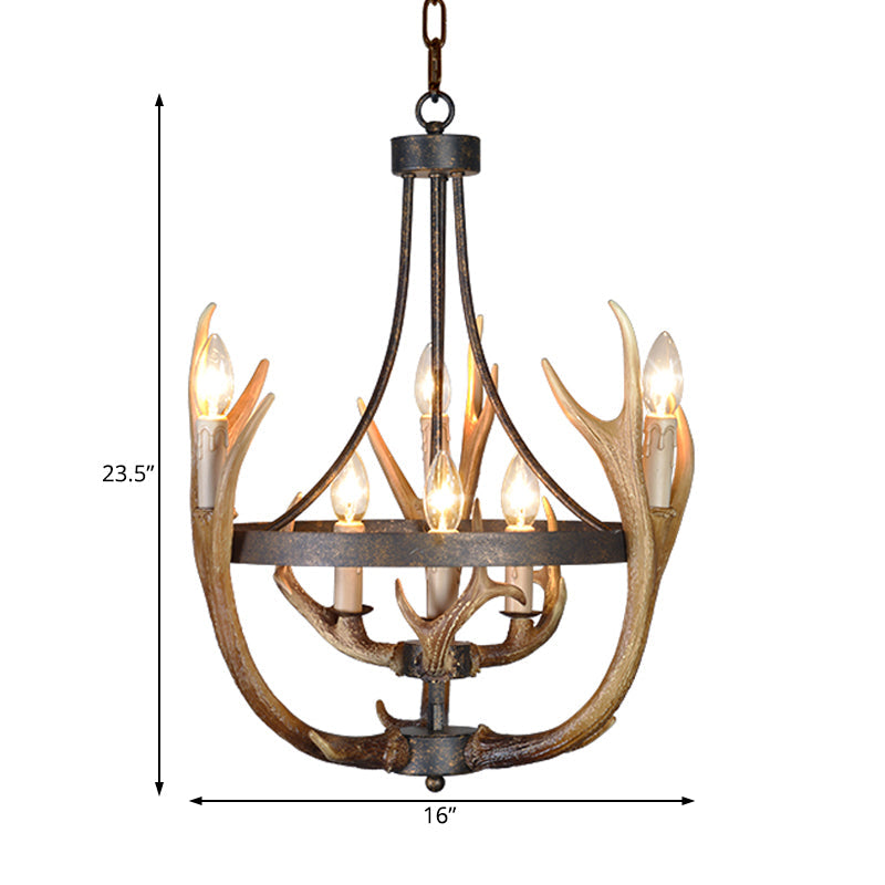 Rustic Wheel Resin Pendant Chandelier With Elk Deco - 6/9 Lights Brown Perfect For Dining Room