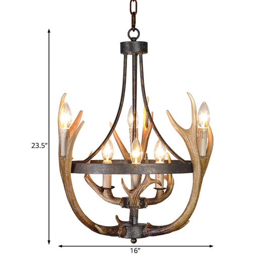 Rustic Wheel Resin Pendant Chandelier With Elk Deco - 6/9 Lights Brown Perfect For Dining Room