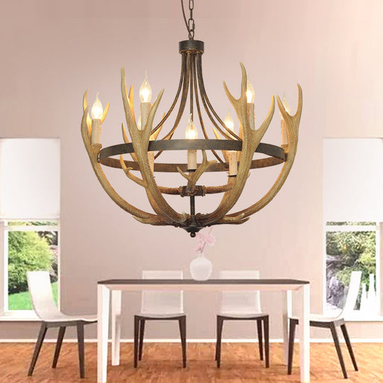 Rustic Wheel Resin Pendant Chandelier With Elk Deco - 6/9 Lights Brown Perfect For Dining Room