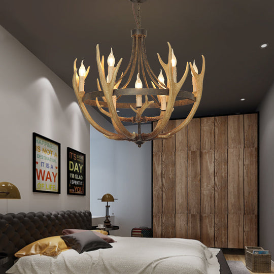 Rustic Wheel Resin Pendant Chandelier With Elk Deco - 6/9 Lights Brown Perfect For Dining Room