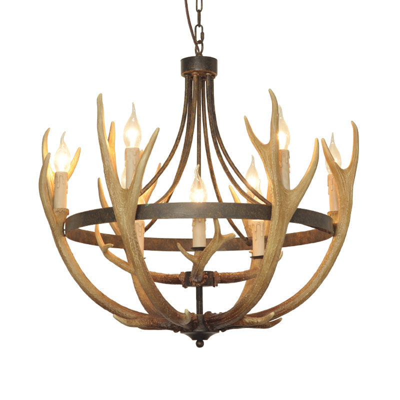 Rustic Wheel Resin Pendant Chandelier With Elk Deco - 6/9 Lights Brown Perfect For Dining Room