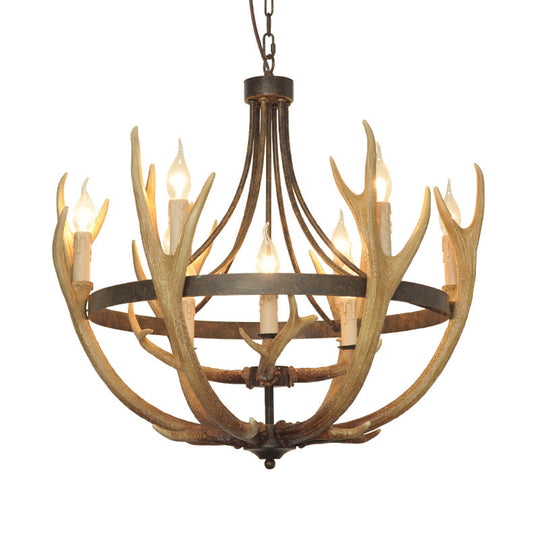 Rustic Wheel Resin Pendant Chandelier With Elk Deco - 6/9 Lights Brown Perfect For Dining Room