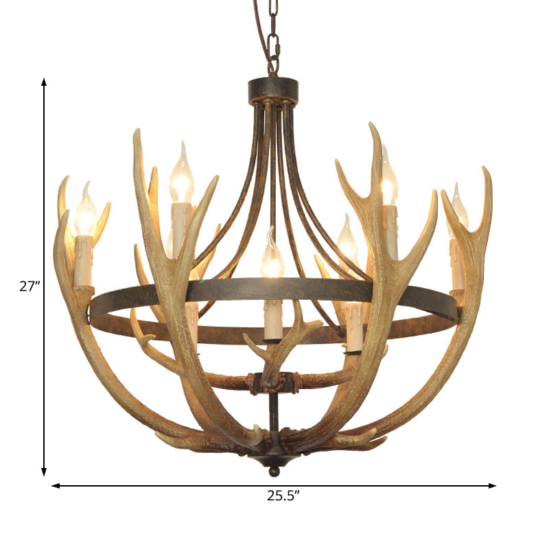 Rustic Wheel Resin Pendant Chandelier With Elk Deco - 6/9 Lights Brown Perfect For Dining Room