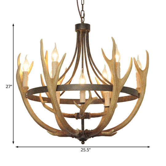 Rustic Wheel Resin Pendant Chandelier With Elk Deco - 6/9 Lights Brown Perfect For Dining Room