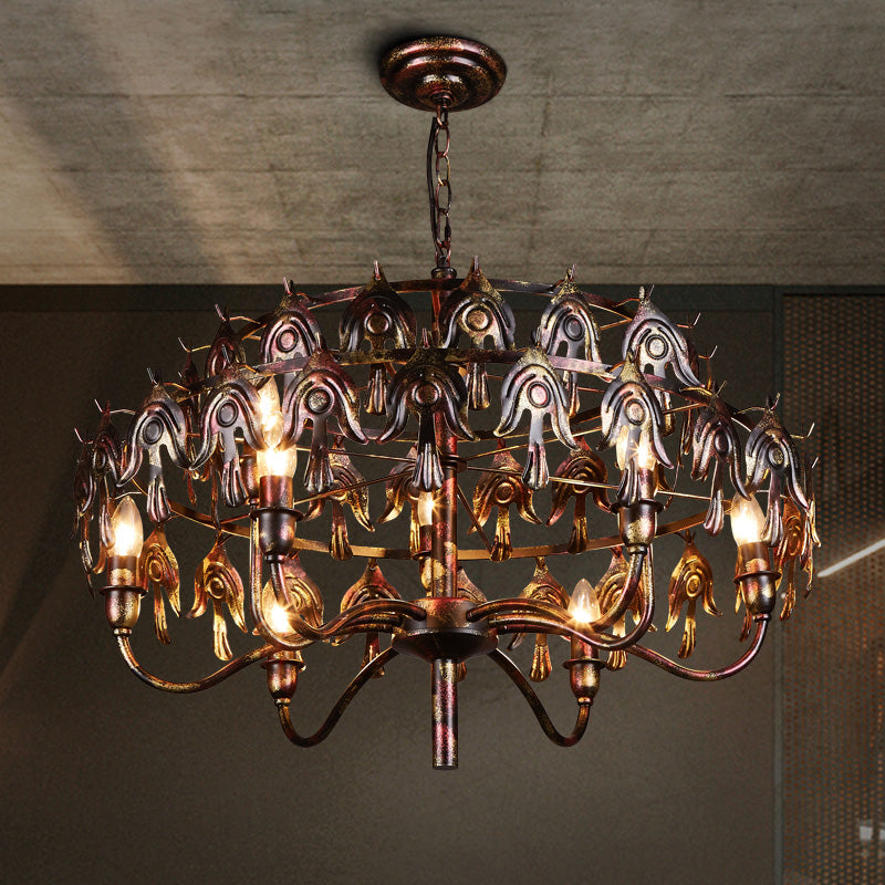 Rustic Copper Pendant Chandelier - 9-Light Country Metal Fixture For Living Room