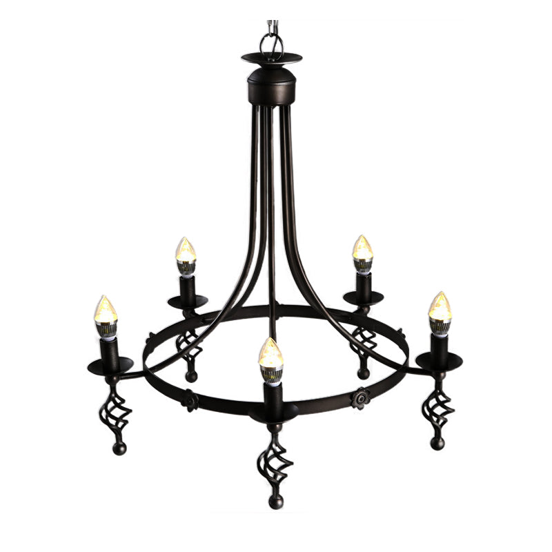 Country Metal 5-Light Round Chandelier: Black Hanging Pendant Lamp For Bedroom