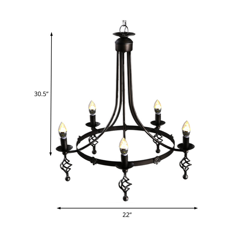 Country Metal 5-Light Round Chandelier: Black Hanging Pendant Lamp For Bedroom