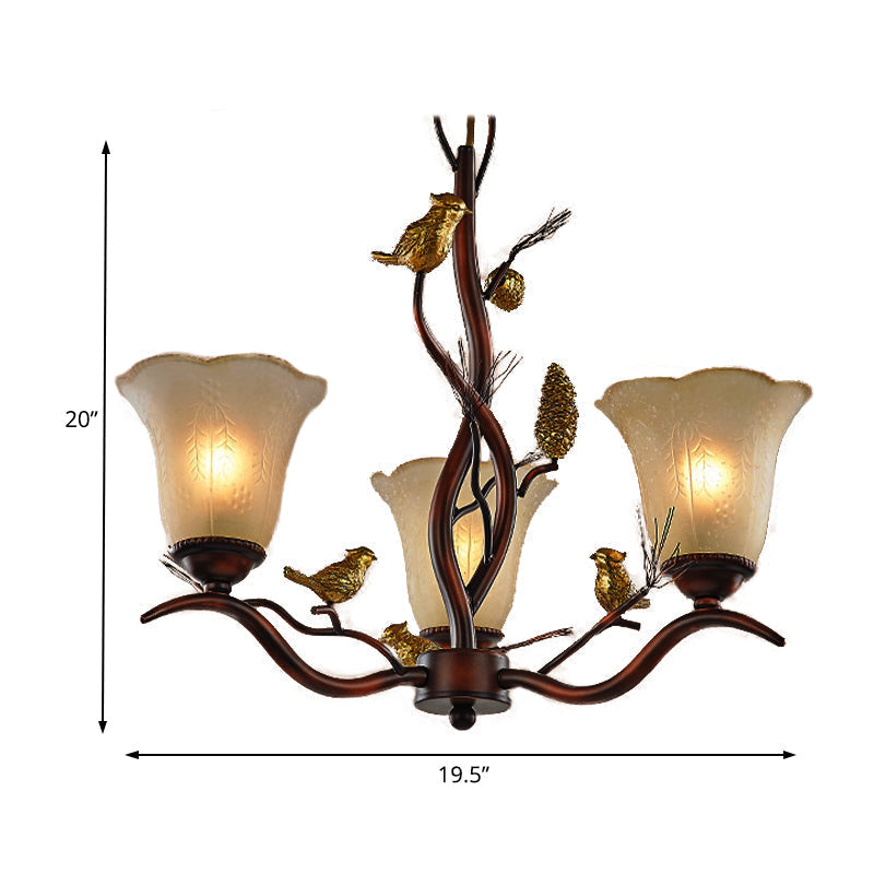 Rustic Frosted Glass Ceiling Chandelier With Bird Flower Shape 3/6/8 Lights - Brown Hanging Fixture