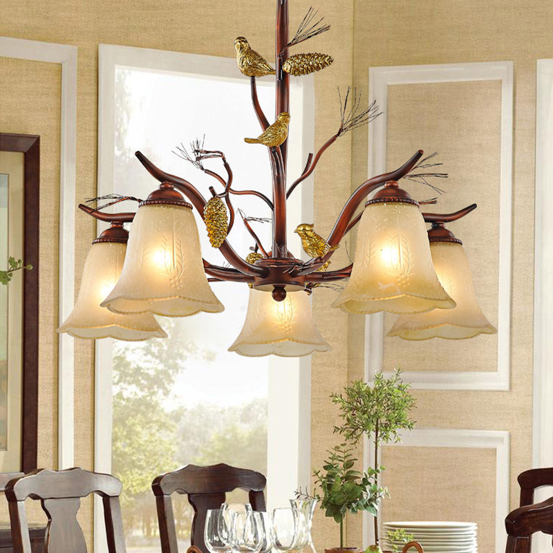 Rustic Frosted Glass Ceiling Chandelier With Bird Flower Shape 3/6/8 Lights - Brown Hanging Fixture