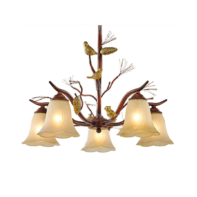 Rustic Frosted Glass Ceiling Chandelier With Bird Flower Shape 3/6/8 Lights - Brown Hanging Fixture