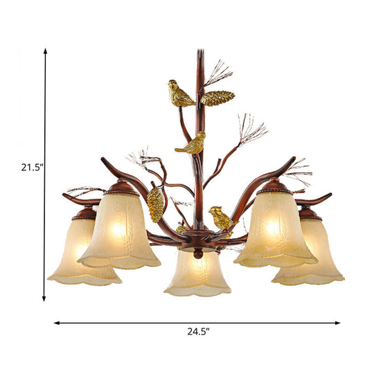 Rustic Frosted Glass Ceiling Chandelier With Bird Flower Shape 3/6/8 Lights - Brown Hanging Fixture