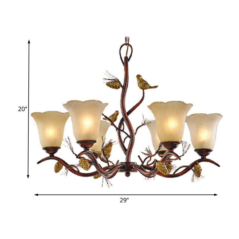 Rustic Frosted Glass Ceiling Chandelier With Bird Flower Shape 3/6/8 Lights - Brown Hanging Fixture