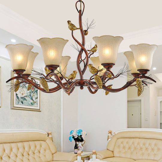 Rustic Frosted Glass Ceiling Chandelier With Bird Flower Shape 3/6/8 Lights - Brown Hanging Fixture