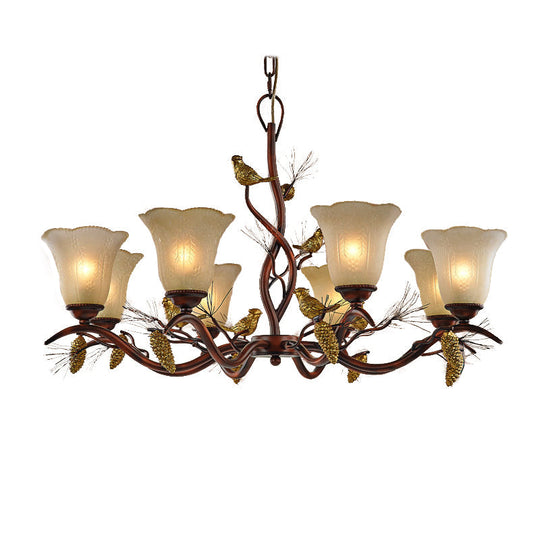 Rustic Frosted Glass Ceiling Chandelier With Bird Flower Shape 3/6/8 Lights - Brown Hanging Fixture