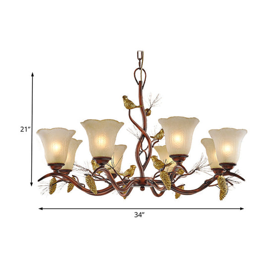 Rustic Frosted Glass Ceiling Chandelier With Bird Flower Shape 3/6/8 Lights - Brown Hanging Fixture