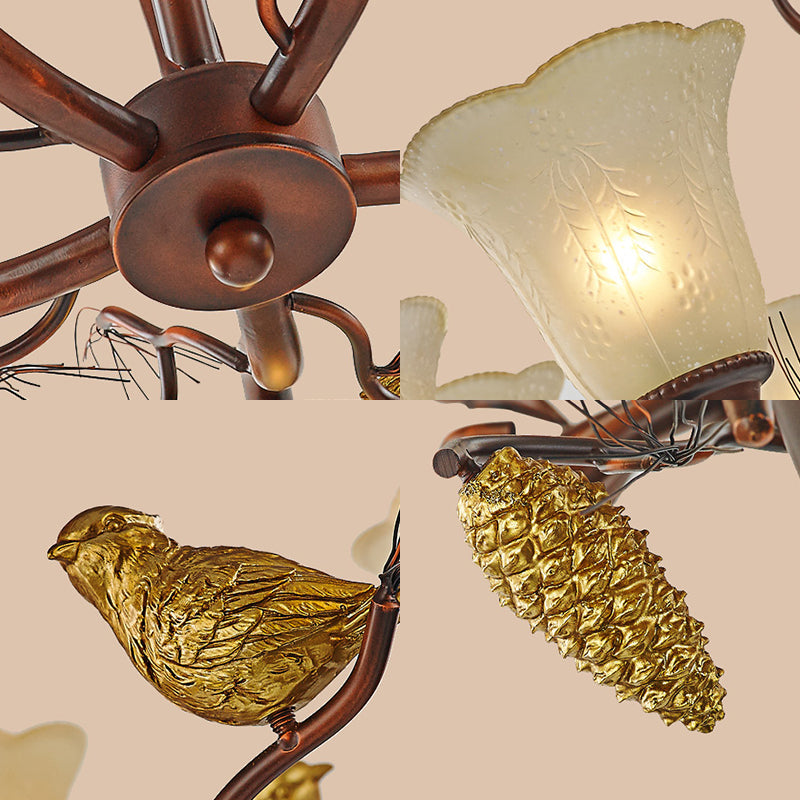 Rustic Frosted Glass Ceiling Chandelier With Bird Flower Shape 3/6/8 Lights - Brown Hanging Fixture