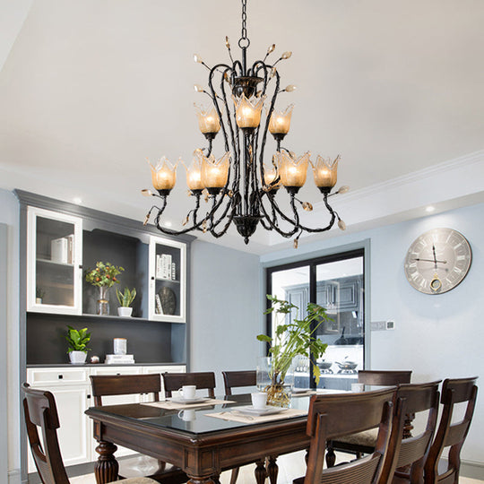 Country-Inspired Amber Glass Flower Pendant Chandelier - Black 9-Light Fixture For Dining Room