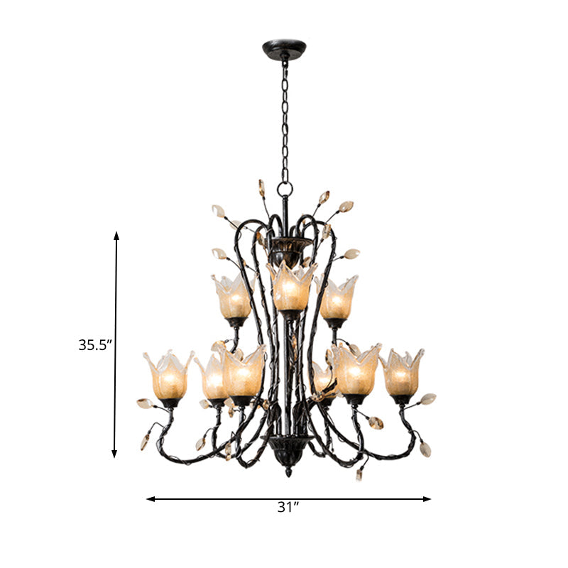 Country-Inspired Amber Glass Flower Pendant Chandelier - Black 9-Light Fixture For Dining Room