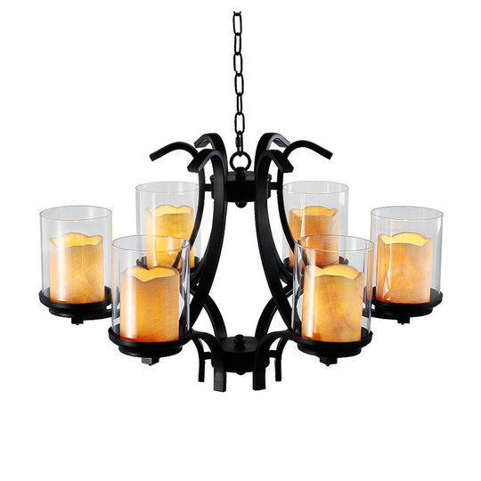 6-Light Country Black Chandelier With Marble And Glass Shades For Dining Room Ceiling