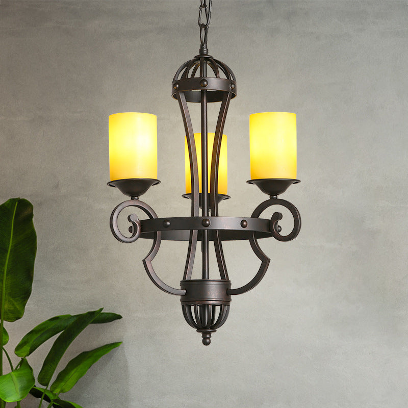 Rustic Black Dining Room Chandelier With Yellow Cylinder Glass Shade - 3-Lights Hanging Fixture