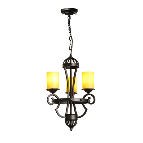 Rustic Black Dining Room Chandelier With Yellow Cylinder Glass Shade - 3-Lights Hanging Fixture