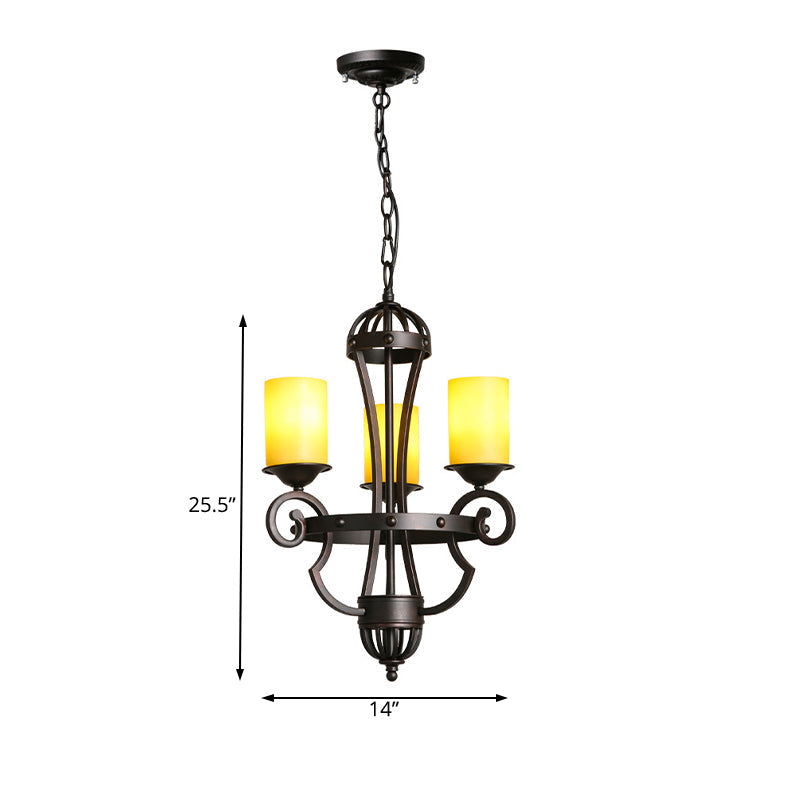 Rustic Black Dining Room Chandelier With Yellow Cylinder Glass Shade - 3-Lights Hanging Fixture