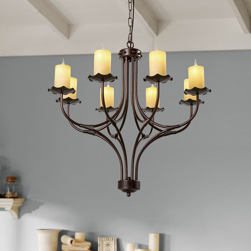 Yellow Glass Hanging Chandelier - Country Bronze Candle Design For Living Room 8 Lights Pendant