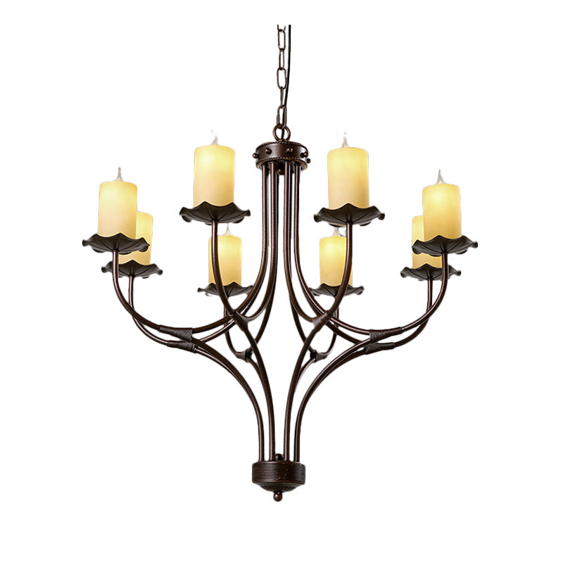 Yellow Glass Hanging Chandelier - Country Bronze Candle Design For Living Room 8 Lights Pendant