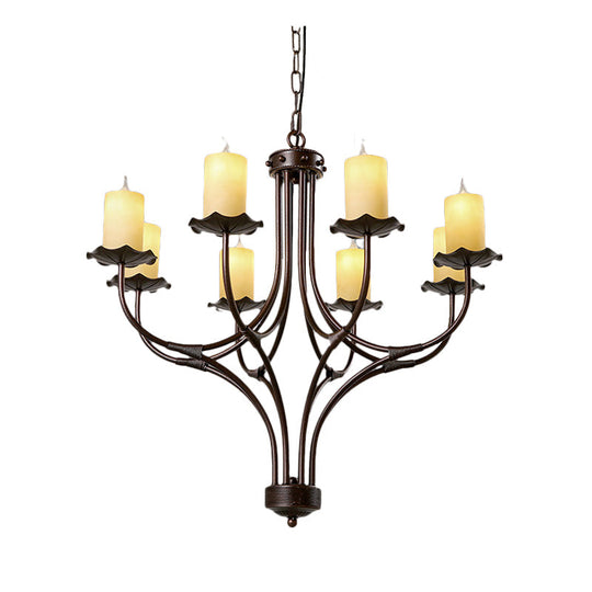 Yellow Glass Hanging Chandelier - Country Bronze Candle Design For Living Room 8 Lights Pendant