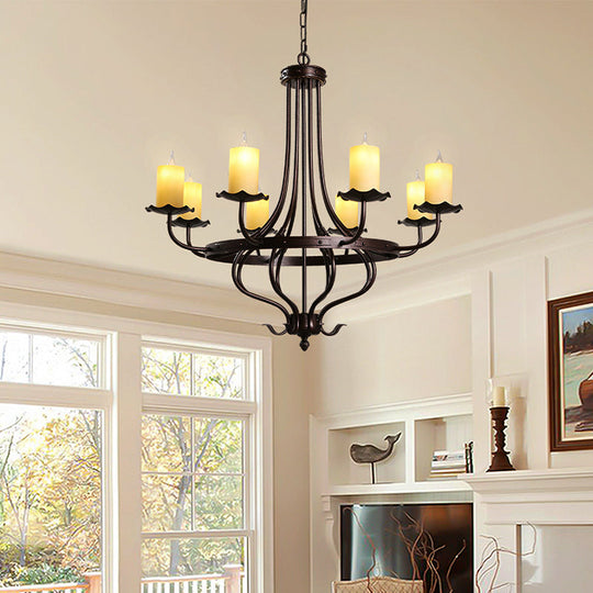 Yellow Glass Chandelier Lamp: Country Dining Room Pendant Lighting (8 Lights) In Bronze