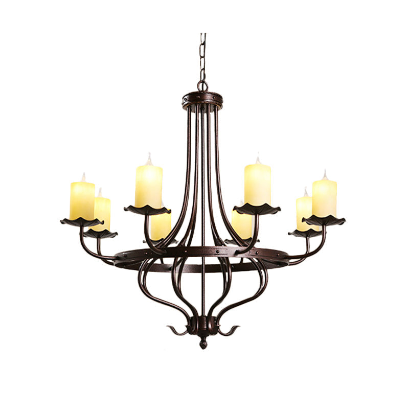 Yellow Glass Chandelier Lamp: Country Dining Room Pendant Lighting (8 Lights) In Bronze