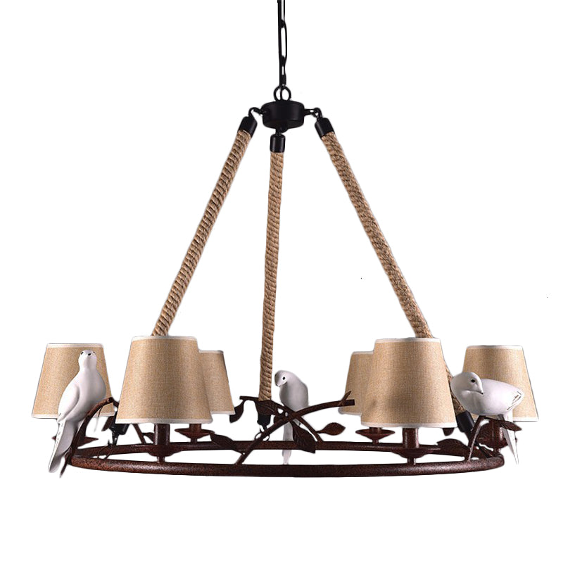 Vintage 6-Light Wheel Metal Chandelier With Rustic Tapered Fabric Shades - Dining Room Pendant