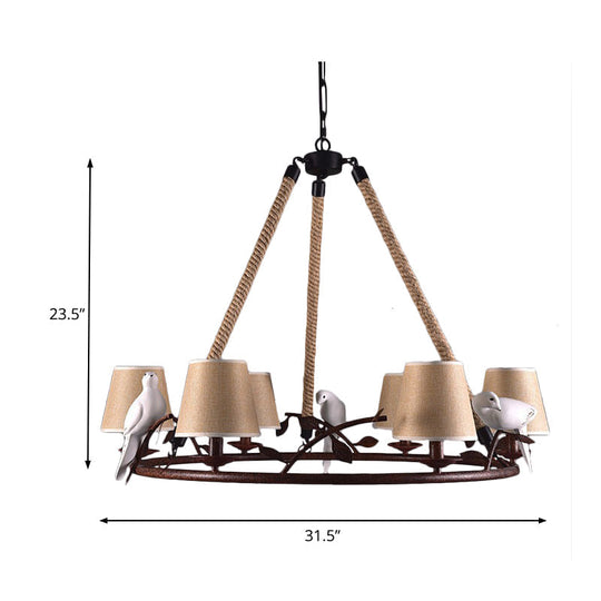 Vintage 6-Light Wheel Metal Chandelier With Rustic Tapered Fabric Shades - Dining Room Pendant