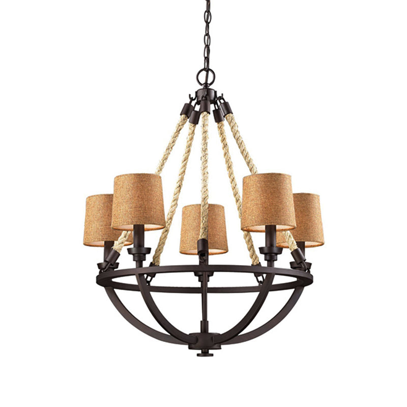 Bronze Semi-Circle Cage Pendant Chandelier - 5 Lights Country Metal Fabric Shade