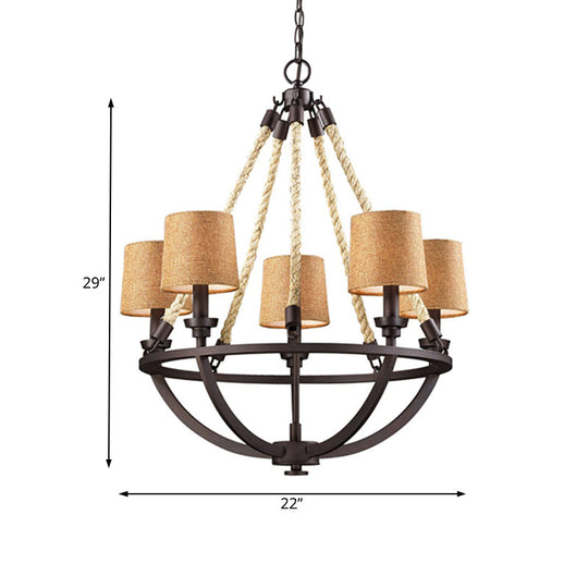 Bronze Semi-Circle Cage Pendant Chandelier - 5 Lights Country Metal Fabric Shade