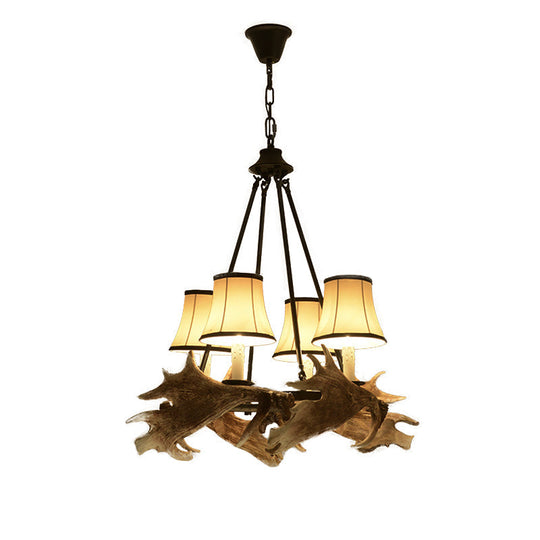 Rustic Resin Dining Room Chandelier - Tapered Design 4 Lights Beige Hanging Fixture With Fabric