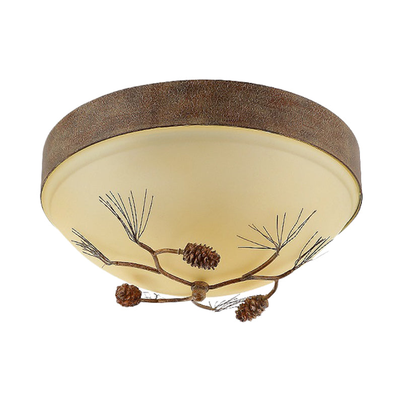 Rustic 3-Light Ceiling Mount with Frosted Glass Bowl for Corridor - Pinecone Accent Included