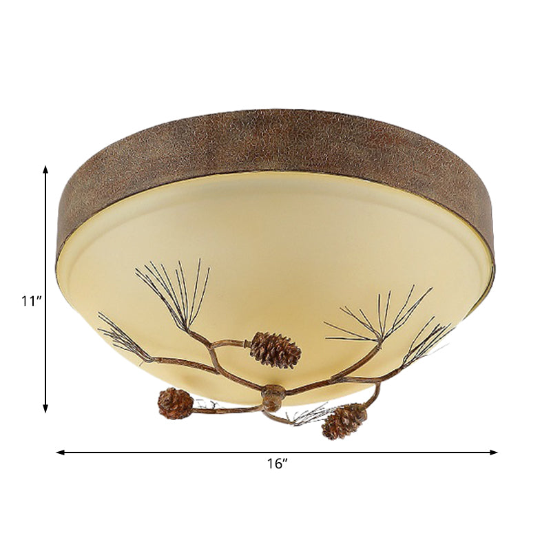 Rustic 3-Light Ceiling Mount with Frosted Glass Bowl for Corridor - Pinecone Accent Included