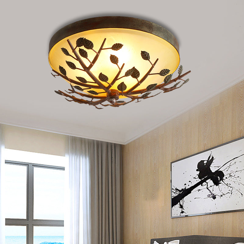 Country Brown Flush Mount Lighting With Dome Frosted Glass Shade - 3-Light Bedroom