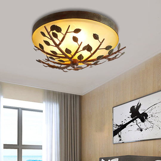 Country Brown Flush Mount Lighting With Dome Frosted Glass Shade - 3-Light Bedroom