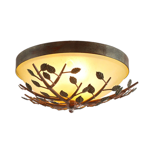 Country Brown Flush Mount Lighting With Dome Frosted Glass Shade - 3-Light Bedroom