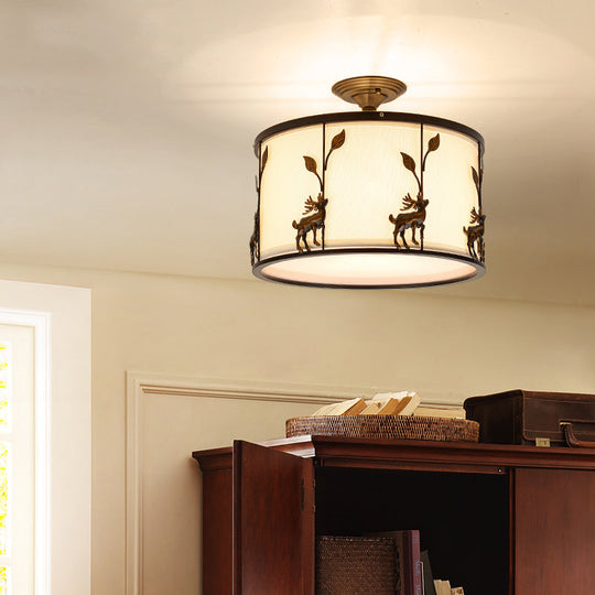 Country Black Deer Drum Ceiling Light with 3-Lights for Living Room