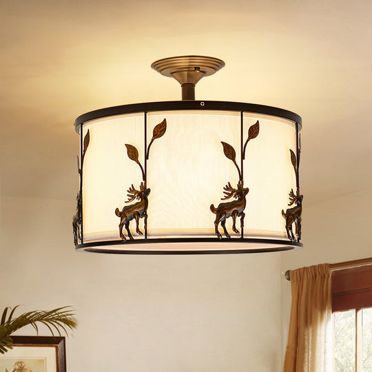 Country Black Deer Drum Ceiling Light with 3-Lights for Living Room