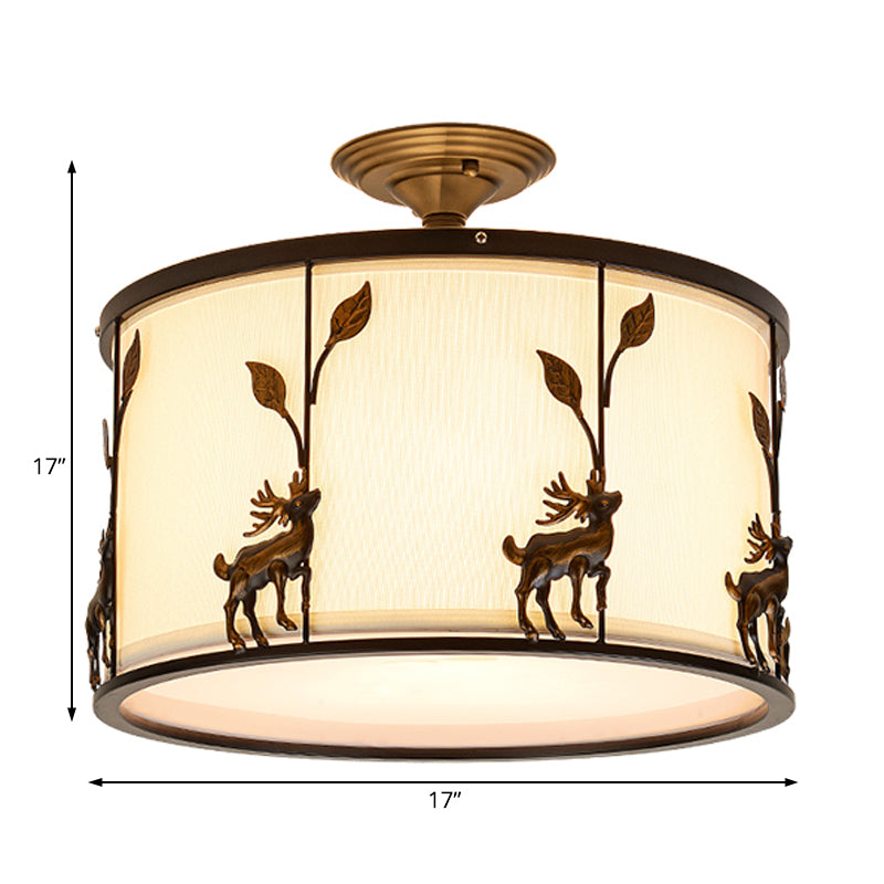 Country Black Deer Drum Ceiling Light with 3-Lights for Living Room