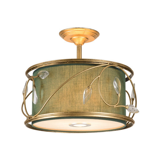 Country Style 3-Bulb Semi Flush Mount Ceiling Light in Green Fabric - 16"/19.5" Width