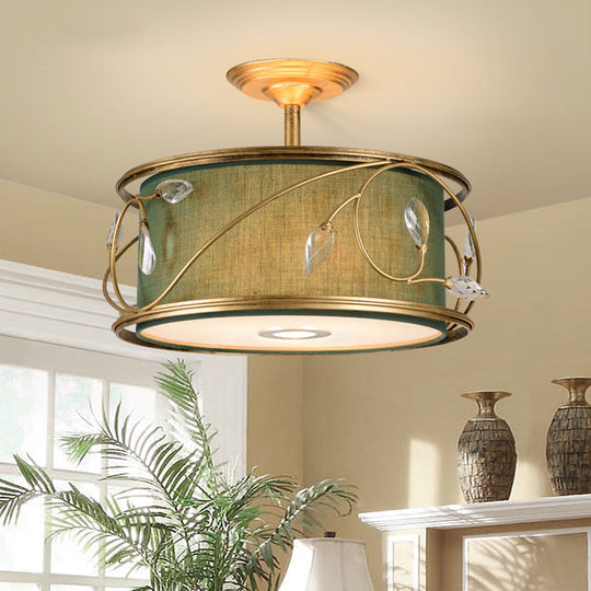 Country Style 3-Bulb Semi Flush Mount Ceiling Light in Green Fabric - 16"/19.5" Width